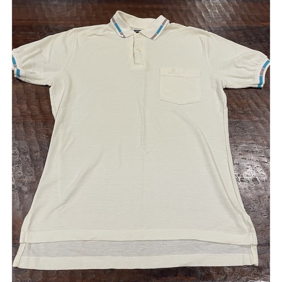 Vintage 80s JANTZEN Polo Shirt Ivory with Blue Gray Trim Men's‎ Size Medium - Picture 1 of 7